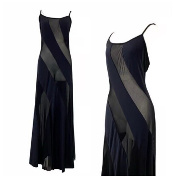 Vintage Frederick's Of Hollywood Black Slip Dress Gown Swirl Pattern Sheer L - Picture 1 of 9